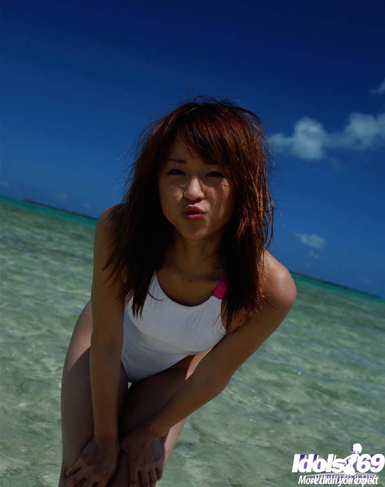 Slender japanese young Asuka Kyono in hot bikini shows small tits and hot ass at beach - #1
