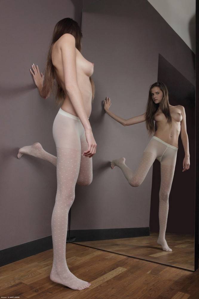 Long Legged Topless Silvie Deluxe With Sexy Tits Poses In White Pantyhose In The Mirror - #2