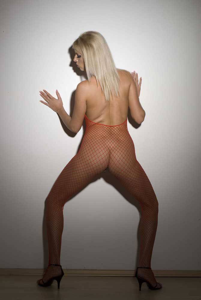 Perfect Boobed Blonde Model Bianca Alvarez Poses In Red Fishnet Body Stocking - #2