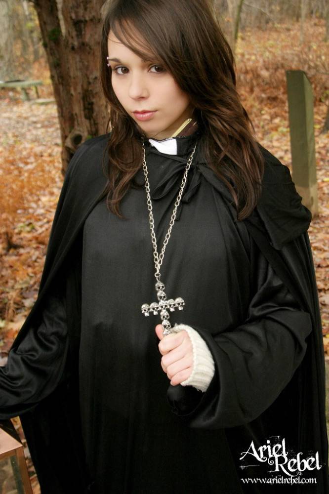 Naughty Teenage Nun Ariel Rebel Dressed In Black Flashes Her Bald Pussy Outdoors - #4
