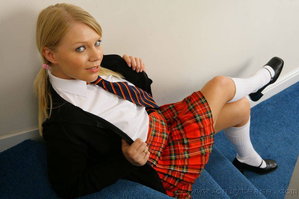 Naughty School Blonde Abigail Toyne Strips Down To Her Socks On Blue Stair Steps - #3
