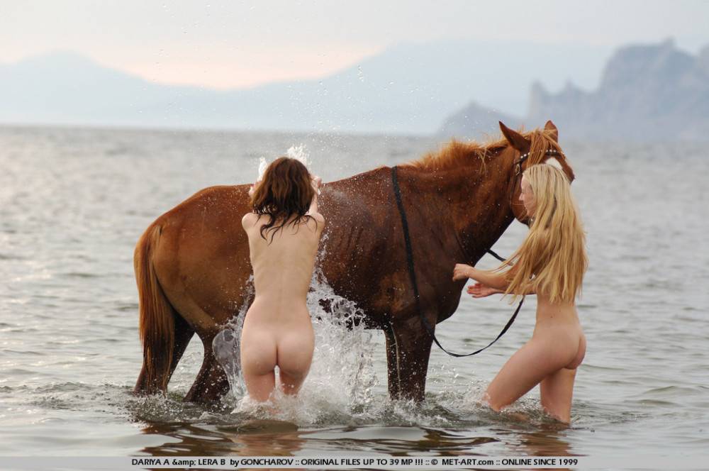 Naked Slender Lesbian Friends Dariya A And Lera B Ride The Horse Naked Together At The Seaside - #7