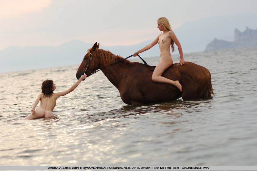 Naked Slender Lesbian Friends Dariya A And Lera B Ride The Horse Naked Together At The Seaside - #15