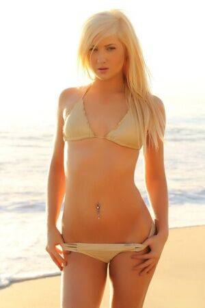Blonde bikini model Ashlie Madison gets on her hands and knees in the surf on pornstar6.com