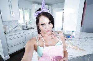 Teen babe with tiny tits Megan Sage touches herself with toys in the kitchen on pornstar6.com