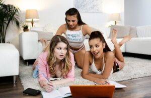 Young girls get busy with a lesbian threesome on a sofa ensemble on pornstar6.com