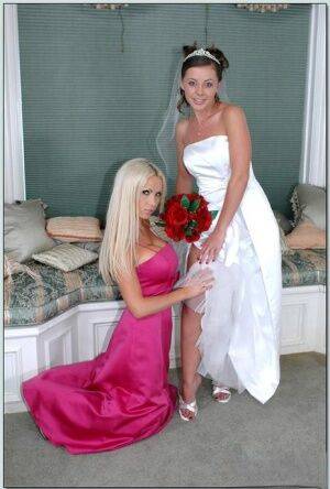 Busty blonde Nikki Benz helping Penny Flame to try on wedding dress on pornstar6.com