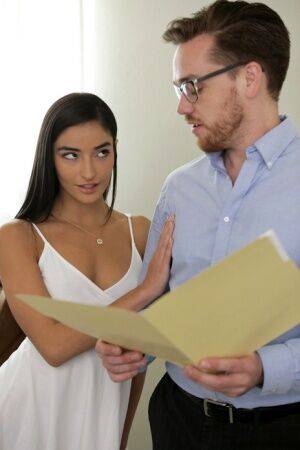 Sultry brunette Emily Willis seduces her realtor with a kiss in a white dress on pornstar6.com