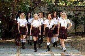 Schoolgirls strip off pleated skirts before having all girl orgy on pornstar6.com