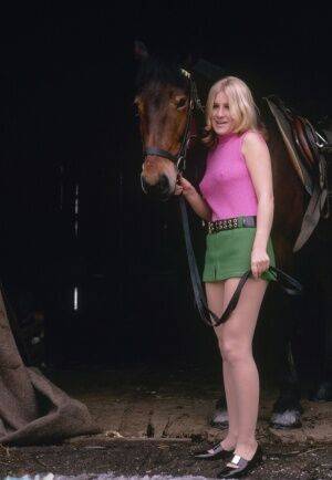 Blonde female reveals thigh and ass while mounting her horse in a short skirt on pornstar6.com