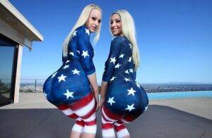 Three stunning babes supporting troops by posing in sexy bodypainting on pornstar6.com