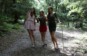 3 young girls walking in the woods find a restrained man and suck his cock on pornstar6.com