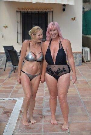 Mature BBW Melody and her girlfriend walk hand in hand by a pool in swimwear on pornstar6.com