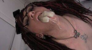 Brunette slut sucking cotton dipped in bowl of pissed on pornstar6.com