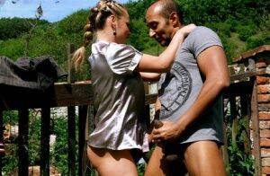 Kinky blond chick and her equally freaky man friend piss on each other outside on pornstar6.com