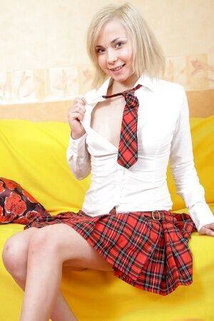 Young blonde schoolgirl Sonja P flashing white panties under pleated skirt on pornstar6.com