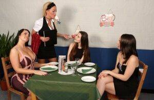 Girls lunch break turns into CFNM mealtime encounter in hot reverse gangbang on pornstar6.com