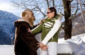 White girl goes pussy to mouth out in the snow with the Abominable Snowman on pornstar6.com