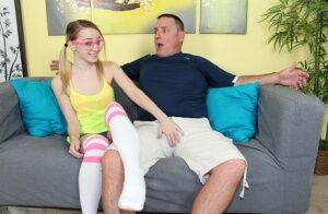 Geeky blonde teen wanking a massive white bone on the sofa on pornstar6.com