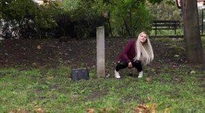 Dirty blonde female can't hold her pee any longer and pisses in public park on pornstar6.com