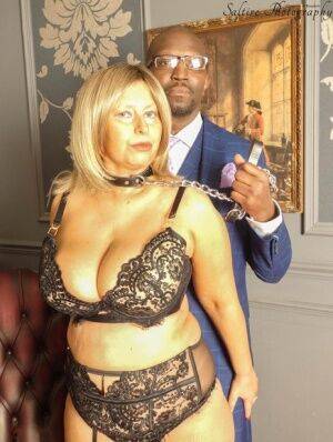 Overweight aged blonde Posh Sophia kneels afore her black owner while collared on pornstar6.com