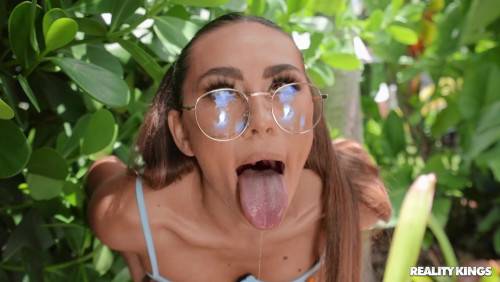 Pigtailed Schoolgirl With Glasses Pleasuring Bearded Man In Bed on pornstar6.com