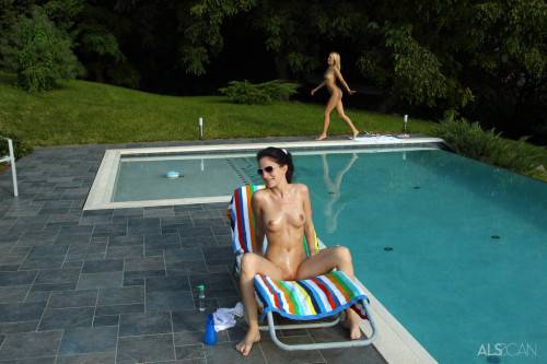Sexy cuties Ann Marie La Sante and Blue Angel in glasses enjoy lesbian fisting near the pool on pornstar6.com