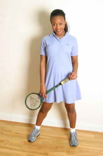 Black Hottie Robyn S In Blue Tennis Outfit Shows Her Perky Tits And Tight Buttocks on pornstar6.com