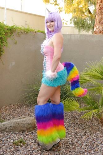 Excellent hottie Danielle Delaunay in cosplay costume baring big hooters and toying her pussy outdoor on pornstar6.com