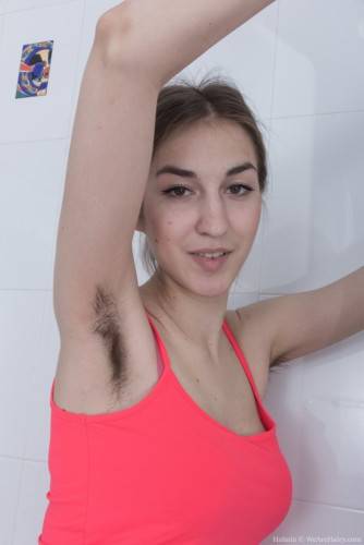 Lovely cutie Olina W revealing big titties and jerking off in bathroom on pornstar6.com