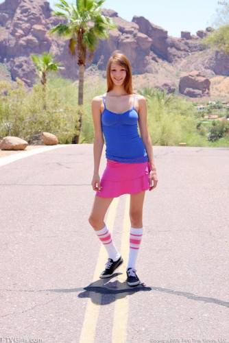 Teen Girl Holly FTV In Blue Top And Pink Skirt Flashes Her Tits And Pussy By The Road on pornstar6.com