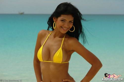 Round Titted Chica Karla Spice In Yellow Bikini Takes Sexy Poses On The Beach on pornstar6.com