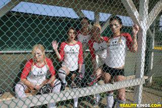 Several busty softball-playing hotties end up strap-on fucking each on pornstar6.com