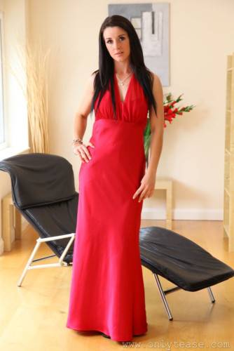 Elegant Sarah B In Black Stockings Pulls Off Her Long Red Dress And Displays Her Boobs on pornstar6.com