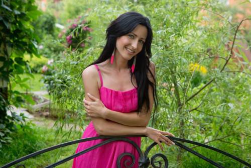 Precious Brunette With Long Hair Janelle B Smoothly Sliding Off Her Pink Dress And Poses Nude On The Bench on pornstar6.com