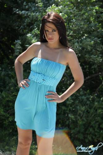 Brunette Ann Angel In Nice Blue Summer Dress Flashes Her Juicy Tits Outdoors on pornstar6.com