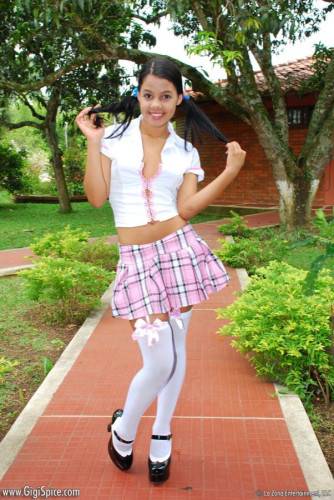 Latina Schoolgirl Gigi Spice In Pink Plaid Skirt Spreads Her Tight Pussy Outdoors on pornstar6.com