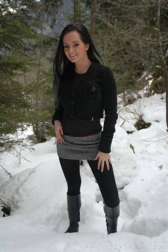 Very Brave Brunette Kate B In Tight Black Pantyhose Poses Topless In Winter on pornstar6.com