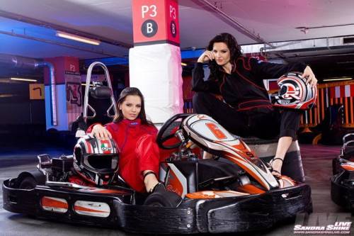 Magnificent Brunettes Eve Angel And Sandra Shine Show Their Bald Pussies In A Kart Club. on pornstar6.com