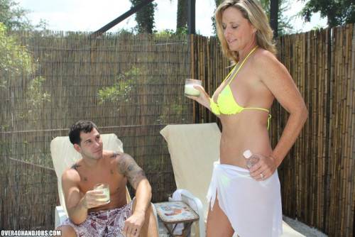 Busty Blonde MILF Jodi West Wraps Her Arms Around A Young Stud And Blows His Boner Poolside. on pornstar6.com